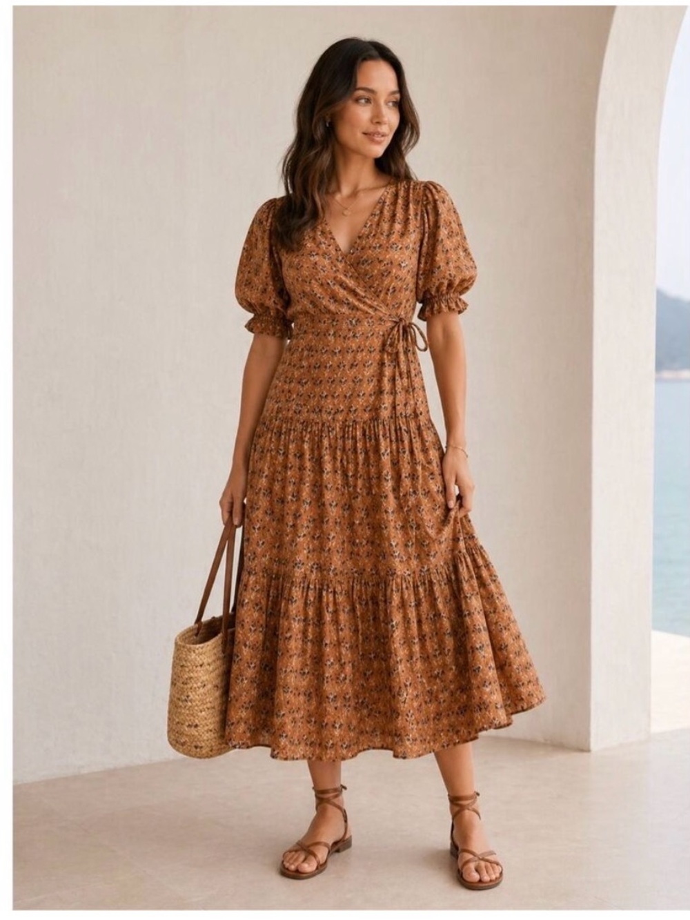 Boho Brown Floral Wrap Maxi Dress - Picture 2 of 7